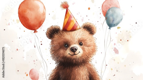Brown Bear in Party Hat with Orange and Pink Balloons Image