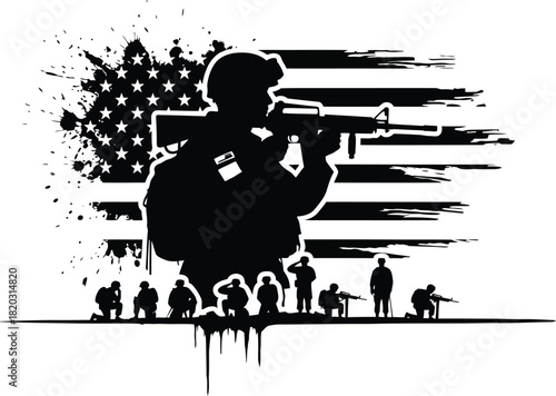 Bold black soldier silhouette standing at attention stencil style