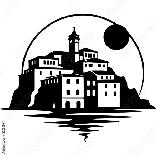 Ancient Italian port harbor. Engraving minimalistic vector in black ink drawing on transparent background