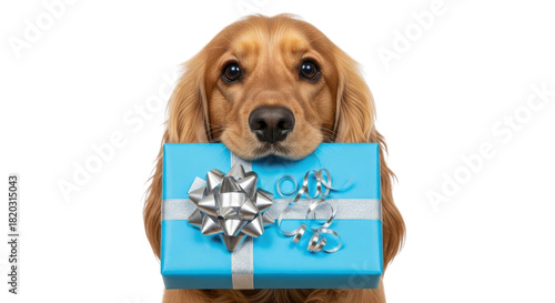 Cute Golden Cocker Spaniel Dog Holding Bright Blue Gift Box Isolated on White Background