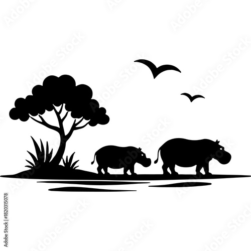 Baby hippopotamus follows its mother. Engraving minimalistic vector in black ink drawing on transparent background
