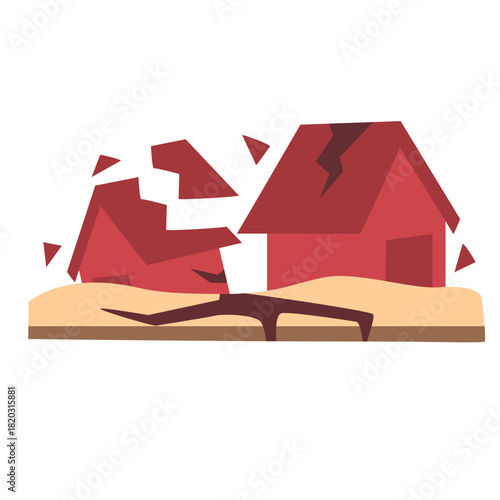 Earthquake illustration showing cracked ground and damaged houses, ideal for disaster education, safety awareness, geography lessons, environmental studies, emergency preparedness, and learning materi