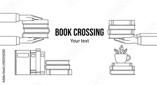 Colorful book crossing concept with diverse hands and cozy tea time