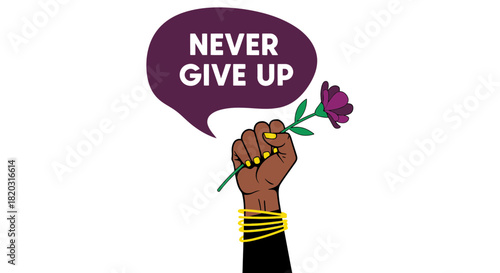 Empowering illustration of a fist holding flower with message