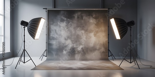 Professional photo studio setup with backdrop and lighting, ready for a photoshoot. 