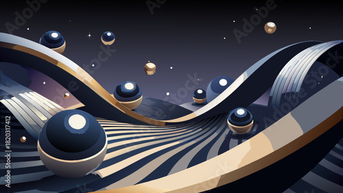 Dreamy abstract cosmic landscape with floating spheres, perfect for futuristic designs, modern art projects, and innovative presentations with a touch of elegance