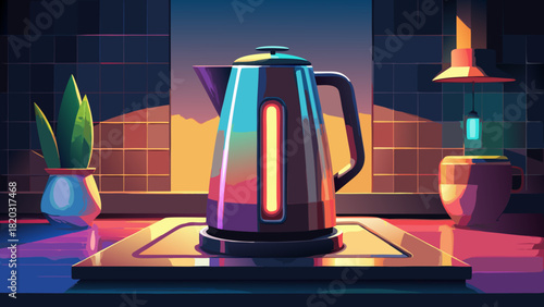 Modern kitchen scene with vibrant electric kettle ready for morning coffee or tea, a peaceful, stylized kitchen interior, great for lifestyle brands