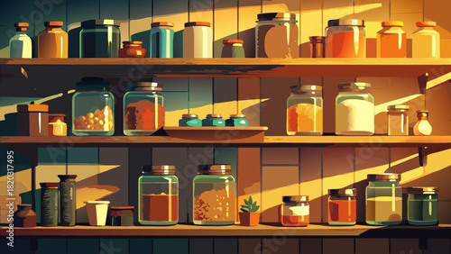 Charming pantry shelves brimming with colorful jars and containers, evoking a cozy kitchen atmosphere and the joy of home cooking and organization