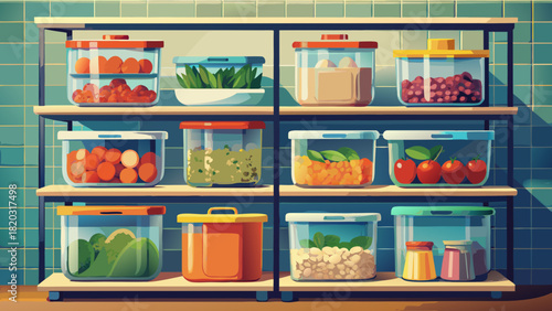 Organized kitchen pantry with colorful food storage containers on shelves, promoting healthy eating and meal prep solutions for modern families