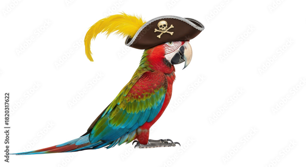 Obraz premium Macaw parrot bird wearing a brown pirate tricorn hat with yellow feather, isolated