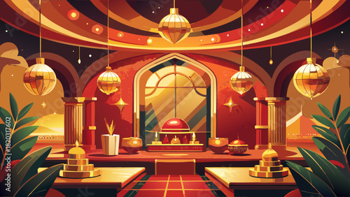 Stunning interior scene with warm tones, evoking a sense of luxury and celebration, ideal for Ramadan, Eid, or festive season designs and commercial projects