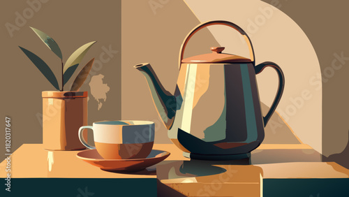 Elegant teapot and cup with plant create a calming coffee break scene, perfect for mindful moments, relaxing at home, or enjoying a peaceful afternoon tea