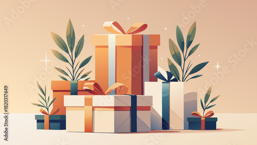 Elegant gifts with ribbons and greenery add a touch of modern celebration, perfect for festive promotions, seasonal greetings, and heartfelt occasions
