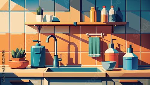 Stylish bathroom interior with clean, modern design and minimalist decor creates a calming and refreshing atmosphere for relaxation and self-care