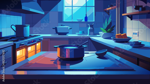 Step into a stylized kitchen, where vibrant blue hues meet the warmth of culinary inspiration, featuring pots, pans, and a touch of botanical charm