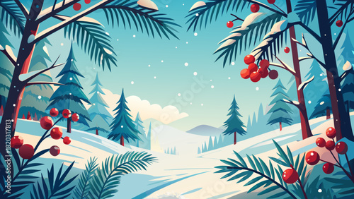 Enchanting winter scene with snowy pine trees and red berries, perfect for holiday cards and seasonal designs, capturing the serene beauty of nature