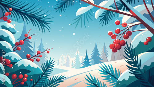 Enchanting winter wonderland scene with snow-covered trees and vibrant red berries, evoking a sense of peaceful serenity, perfect for holiday greetings