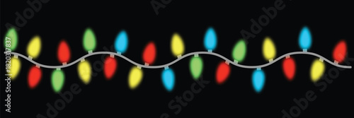 Vibrant string of traditional holiday christmas lights glowing softly in red, yellow, green, and blue bulbs, a festive backdrop.