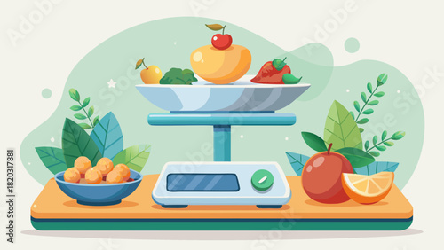 Fresh produce balanced on modern scale, vibrant healthy food concept for wellness, diet, nutrition, cooking, and mindful eating, originally a scalable graphic