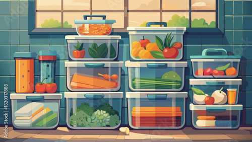 Organized kitchen pantry with colorful food storage containers on shelves, promoting healthy eating and meal prep solutions for modern families