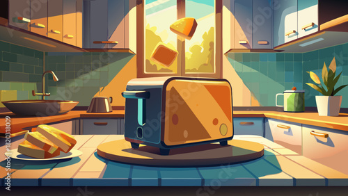 Cozy kitchen scene with vintage toaster and warm sunlight, perfect for a bright morning, bringing comfort and nostalgia to any project, originally vector