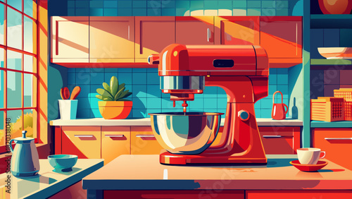 Vibrant retro kitchen scene evokes nostalgia with modern mixer, promising delicious treats and joyful baking experiences in a sunlit culinary space