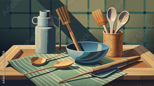 Stylish kitchen still life with serving bowls and utensils for a modern home, creating a serene and inviting culinary space, originally a scalable graphic