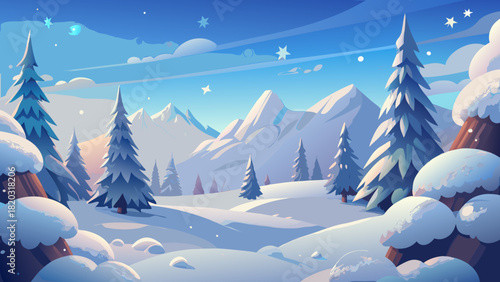 Enchanting winter landscape with snow-covered mountains and vibrant evergreens, evoking a sense of peace and holiday magic, perfect for festive designs