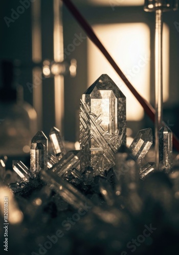 Macro shot brilliant clear crystals, detailed facets, warm light