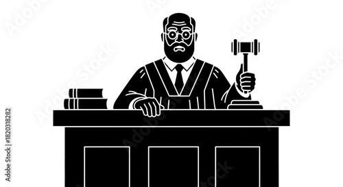 Judge with gavel delivers verdict from courtroom bench illustration