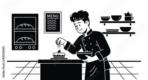 Talented chef meticulously decorating a delicious cake in the kitchen