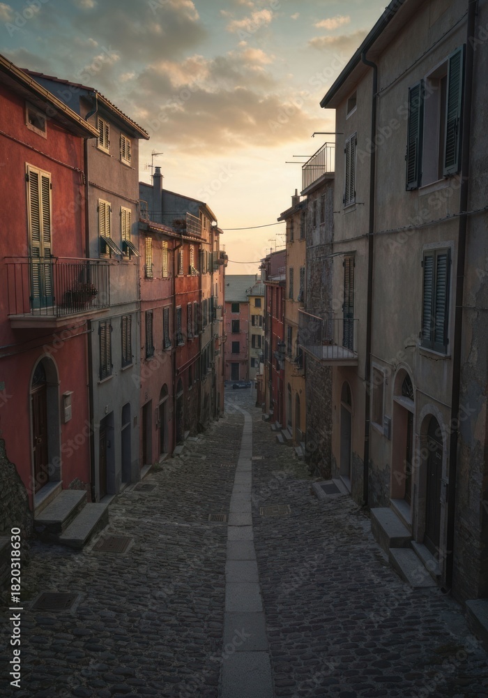 Fototapeta premium Quaint old town street with sunlit colorful homes at golden hour