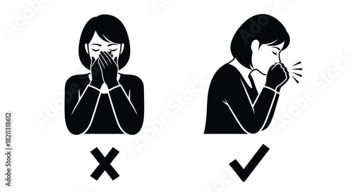 Cough etiquette guide: Woman covering sneeze correctly into elbow