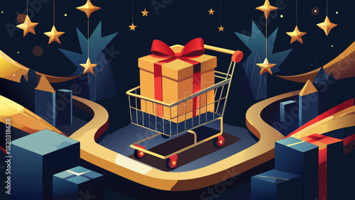 Festive shopping cart filled with a gift wrapped in a red bow, surrounded by golden stars and presents for the holidays, perfect for e-commerce promotions