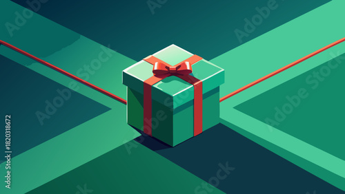 Festive isometric gift box with red ribbon creates a cheerful celebration mood, perfect for holidays, birthdays, and special occasions with a touch of elegance