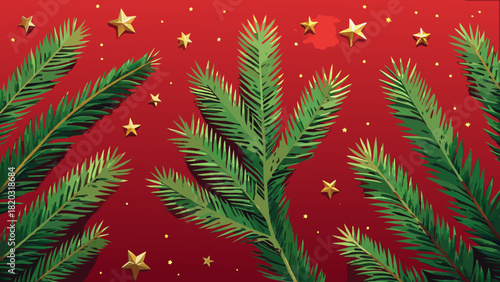 Festive Christmas tree branches and golden stars create a bright, joyful holiday spirit, perfect for seasonal greetings, banners, and marketing materials