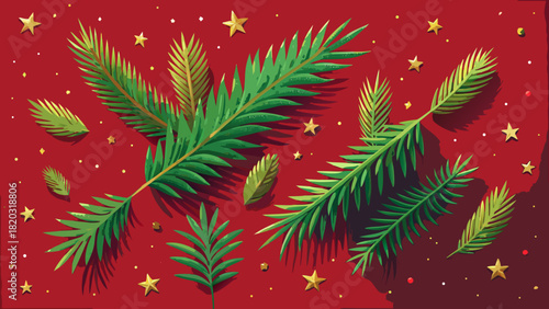 Festive Christmas tree branches and golden stars create a bright, joyful holiday spirit, perfect for seasonal greetings, banners, and marketing materials