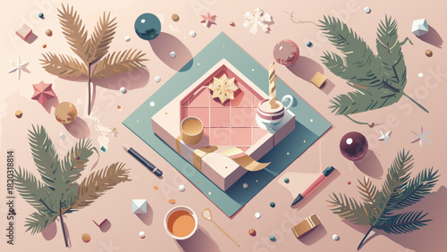 Festive holiday cheer with gifts, ornaments, and citrus, perfect for seasonal promotions and joyful social media posts with a modern, whimsical touch