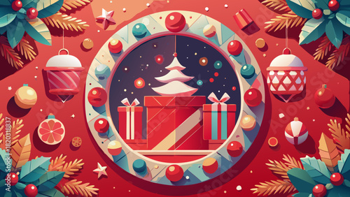 Festive Christmas beverage scene with ornaments and gifts, perfect for holiday greetings, seasonal promotions, and cozy winter designs, evokes joy and warmth