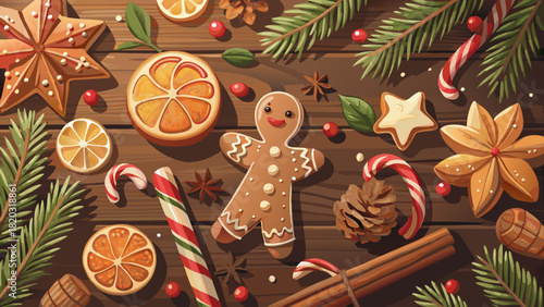 Festive holiday treat arrangement with cheerful gingerbread cookies, vibrant oranges, and candy canes, perfect for creating a warm seasonal atmosphere