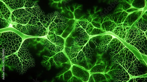 Intricate network of glowing green neural pathways against a dark backdrop.