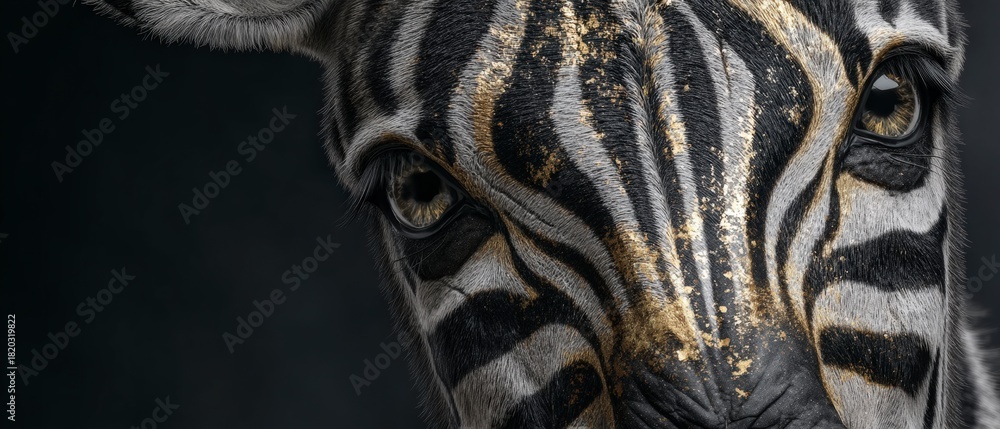 Fototapeta premium Extreme close up of a zebra's eye and face texture featuring striking black white and gold striping