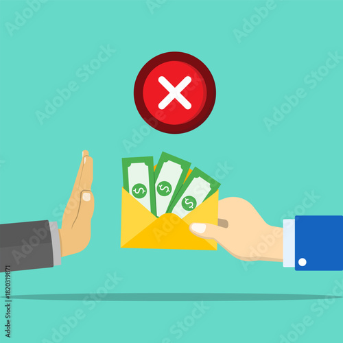 Someone turning down money symbolizing anticorruption campaigns. Perfect for social justice, ethics, transparency purposes in design projects.