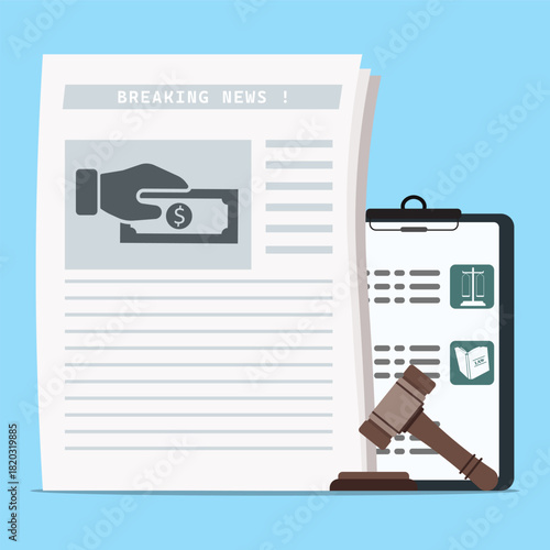 Newspaper money, clipboard, judges gavel ideal for legal, financial, or newsrelated designs. Perfect for courtroom, financial, mediathemed illustrations.