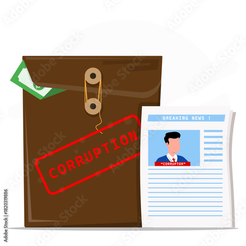 Corruption money news symbolizes wrongdoing. Suitable for articles, blogs, presentations discussing corruption, financial misconduct, unethical practices in politics, business.