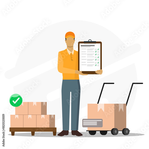 Delivery man at work with clipboard stands near boxes. Suitable for logistics company website or advertising materials depicting delivery services.