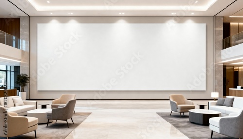 large wall mural mockup inside modern lobby, blank mural area, wide angle, neutral furniture