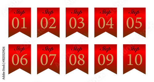 赤のグラデーションで構成したステップ番号バッジ10個セットのナビゲーションデザイン