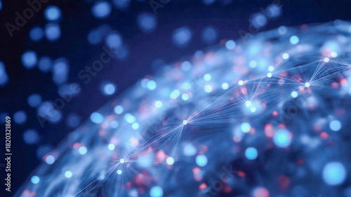 Glowing network digital data blue bokeh abstract sphere neural mesh futuristic grid cyber connection innovation information technology background light nodes shimmer across curved surface