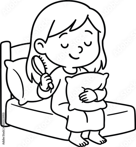 Little girl getting ready for bed with pillow and hairbrush